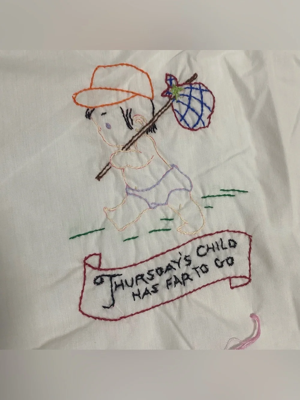 Vtg Child Baby Embroidered Monday’s Child Nursery Rhyme Tie Quilt 42” x 52”